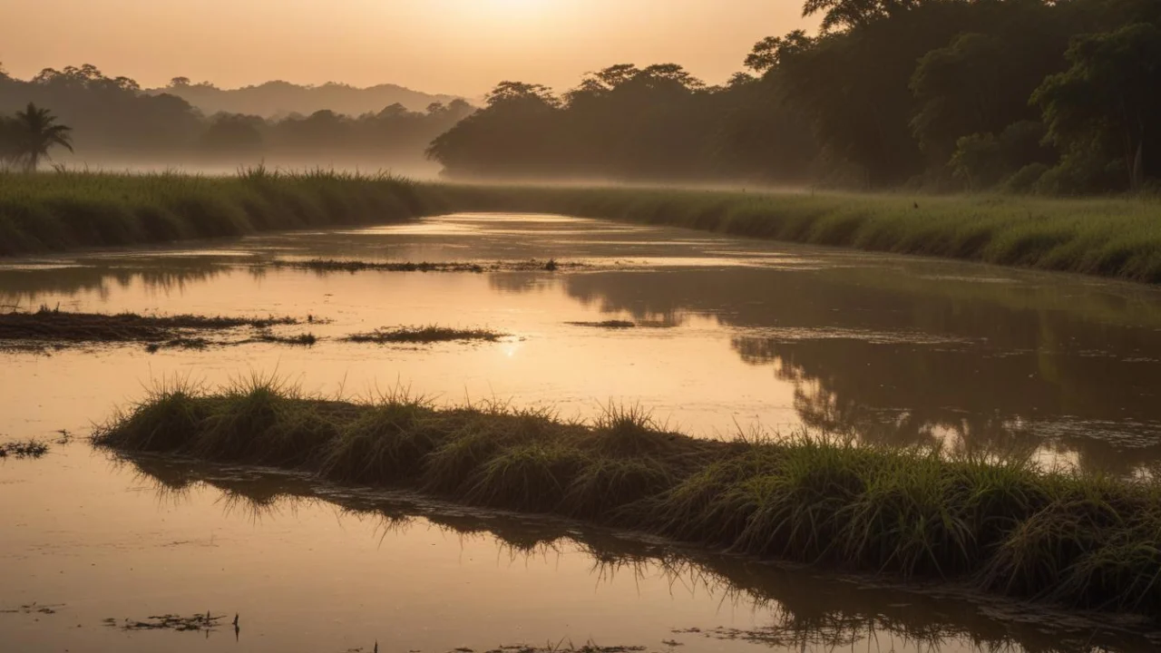 Rio de água doce ao amanhecer, com mata ciliar ao fundo e neblina leve sobre a água