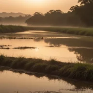 Rio de água doce ao amanhecer, com mata ciliar ao fundo e neblina leve sobre a água