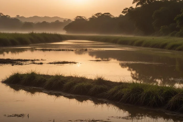 Rio de água doce ao amanhecer, com mata ciliar ao fundo e neblina leve sobre a água