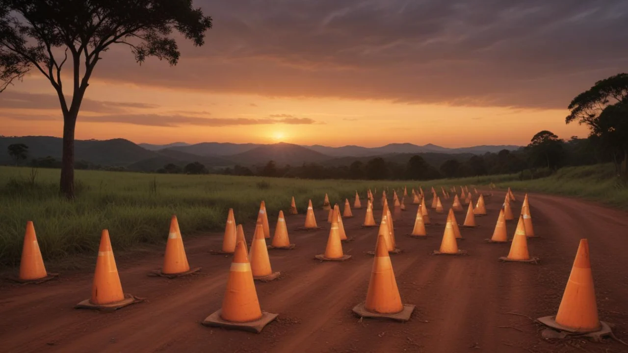 Rodovia no interior de Piracicaba ao amanhecer, com cones de sinalização no acostamento, sem pessoas ou veículos identificáveis.