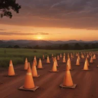 Rodovia no interior de Piracicaba ao amanhecer, com cones de sinalização no acostamento, sem pessoas ou veículos identificáveis.