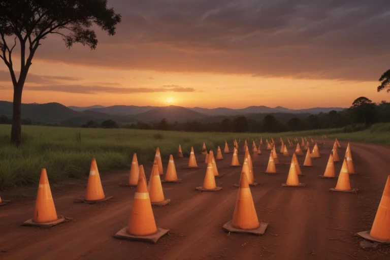 Rodovia no interior de Piracicaba ao amanhecer, com cones de sinalização no acostamento, sem pessoas ou veículos identificáveis.