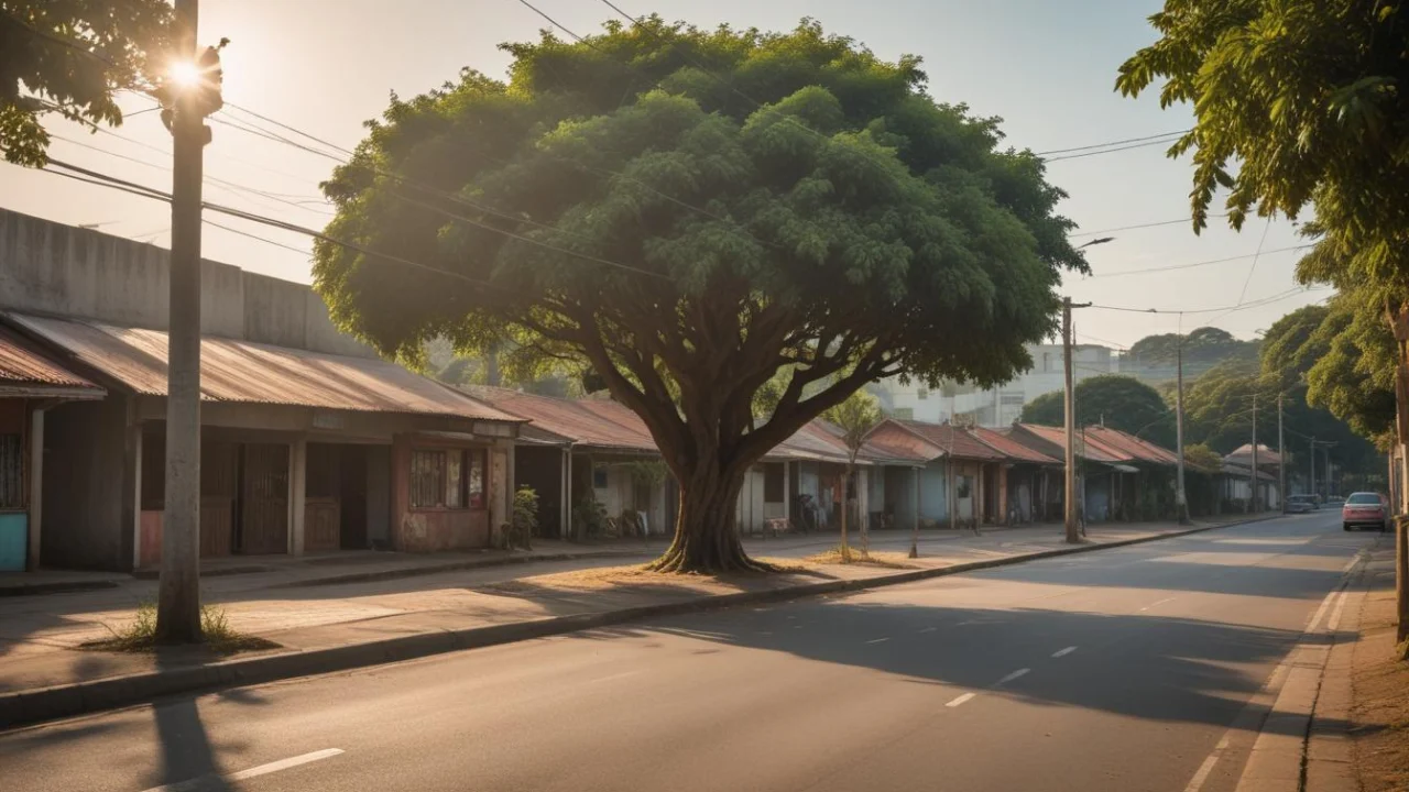 Avenida arborizada com lojas de portas fechadas no início da manhã