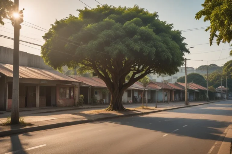 Avenida arborizada com lojas de portas fechadas no início da manhã