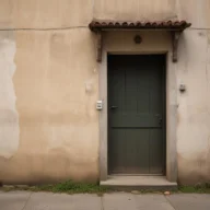 Fachada de imóvel com muro e porta de madeira em rua residencial