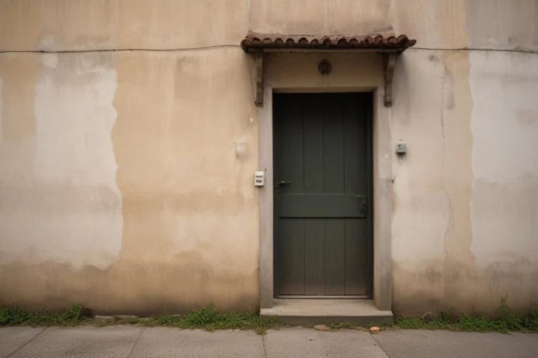 Fachada de imóvel com muro e porta de madeira em rua residencial