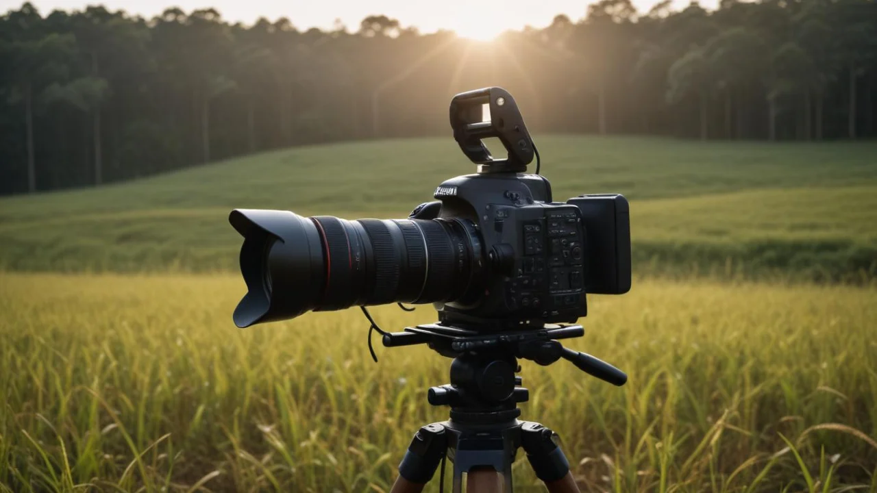 Câmera em tripé e refletores em um pequeno estúdio audiovisual.