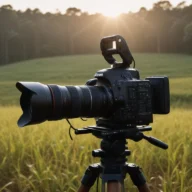 Câmera em tripé e refletores em um pequeno estúdio audiovisual.