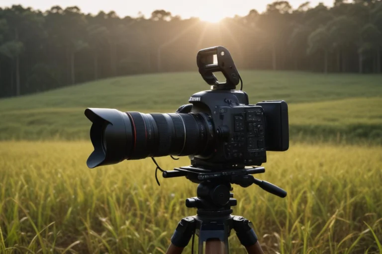 Câmera em tripé e refletores em um pequeno estúdio audiovisual.