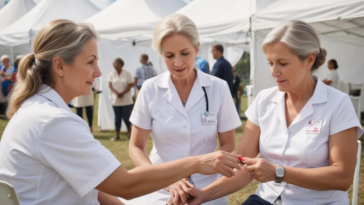 Profissionais de saúde de uniforme branco medindo a pressão arterial de uma moradora em ação comunitária sob tendas brancas