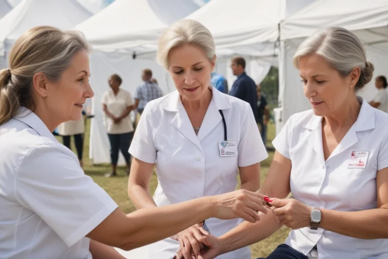 Profissionais de saúde de uniforme branco medindo a pressão arterial de uma moradora em ação comunitária sob tendas brancas