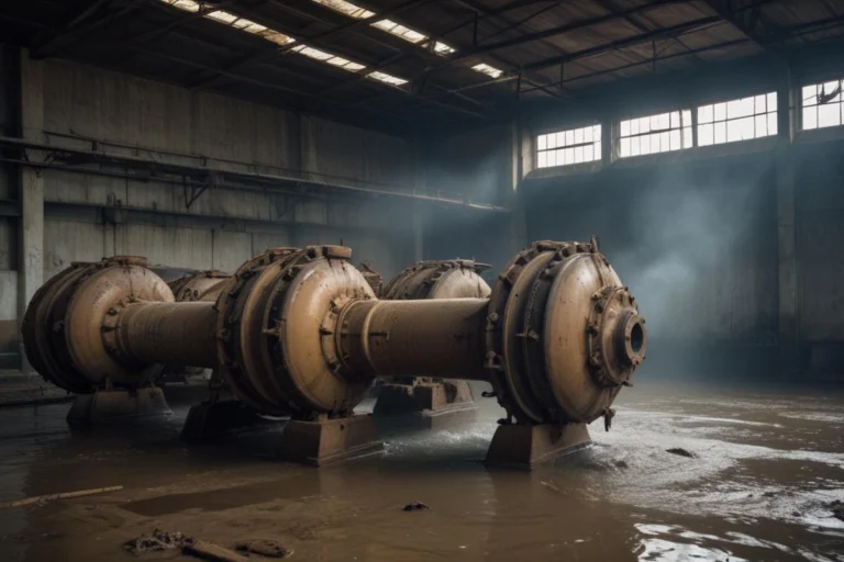 Sala de máquinas com bombas e tubulações de água e piso de concreto molhado