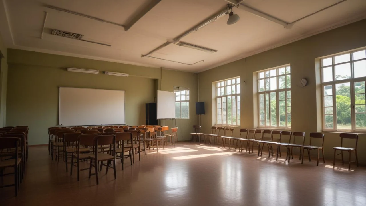 Sala de aula vazia com carteiras organizadas e lápis sobre uma mesa central.