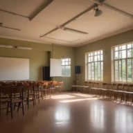 Sala de aula vazia com carteiras organizadas e lápis sobre uma mesa central.