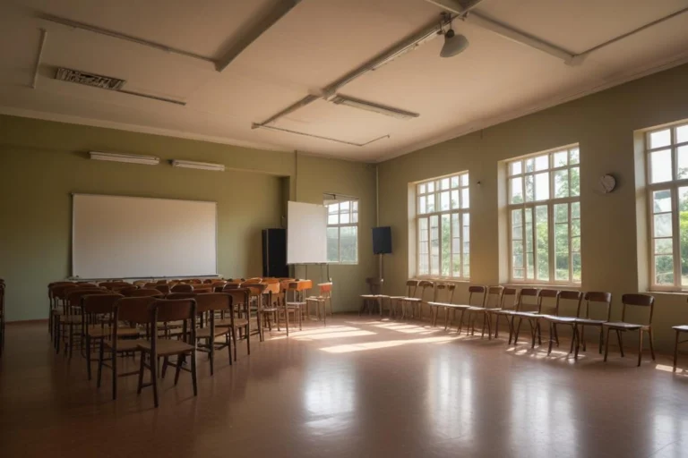 Sala de aula vazia com carteiras organizadas e lápis sobre uma mesa central.