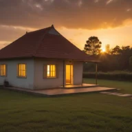 Casa de alvenaria com telhado de barro iluminada ao amanhecer, cercada por terreno gramado
