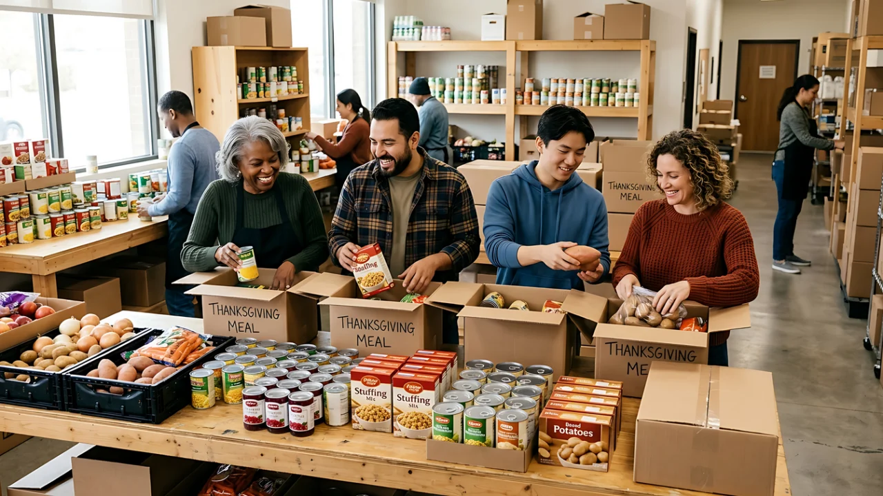 Almoxarifado com caixas e sacos de alimentos em prateleiras.