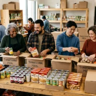 Almoxarifado com caixas e sacos de alimentos em prateleiras.