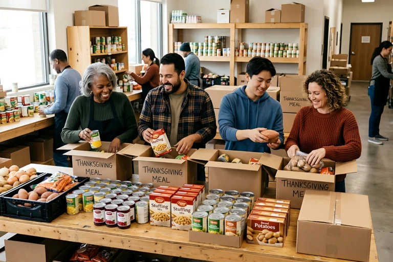 Almoxarifado com caixas e sacos de alimentos em prateleiras.