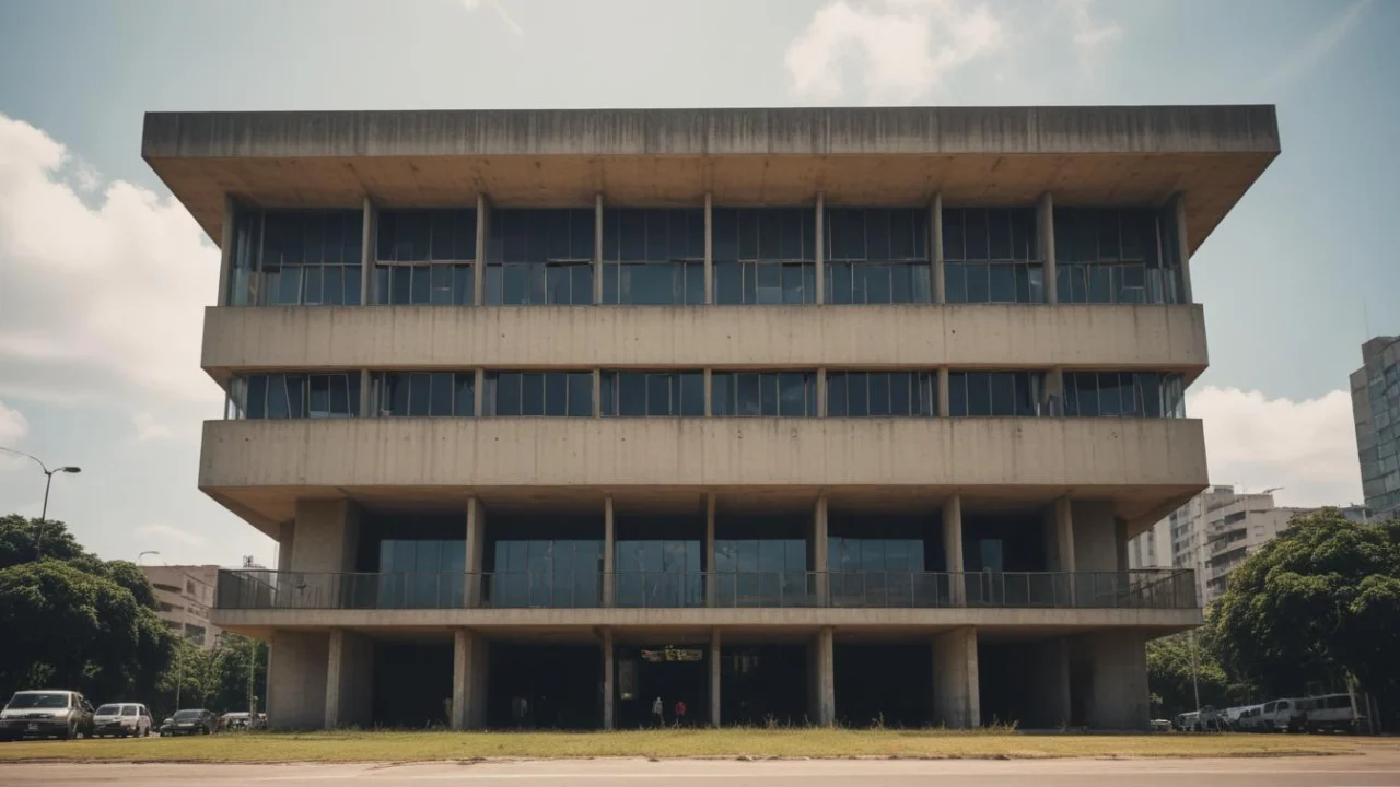 Fachada de um prédio de administração pública de cidade do interior paulista ao fim da tarde.