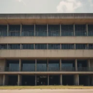 Fachada de um prédio de administração pública de cidade do interior paulista ao fim da tarde.