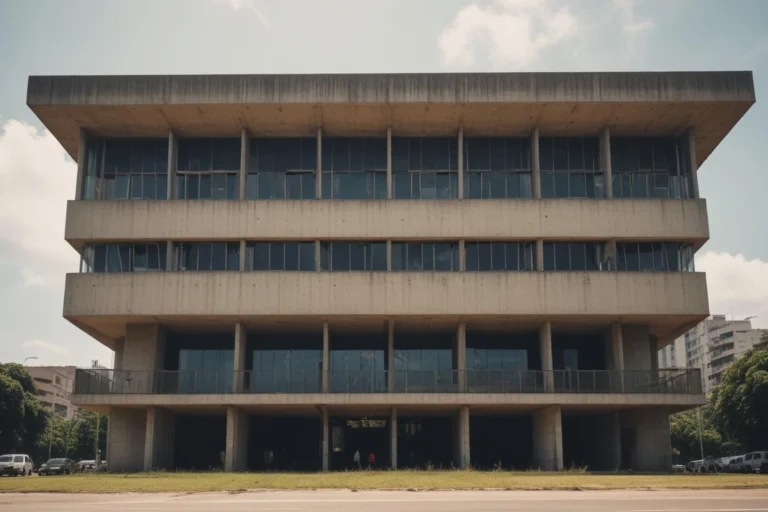 Fachada de um prédio de administração pública de cidade do interior paulista ao fim da tarde.