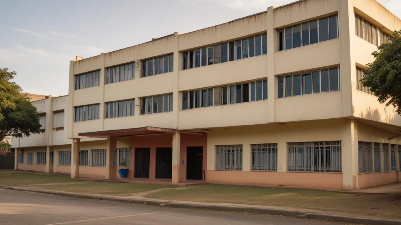 Fachada de prédio escolar de três andares com janelas de vidro, vista da calçada, em manhã de sol