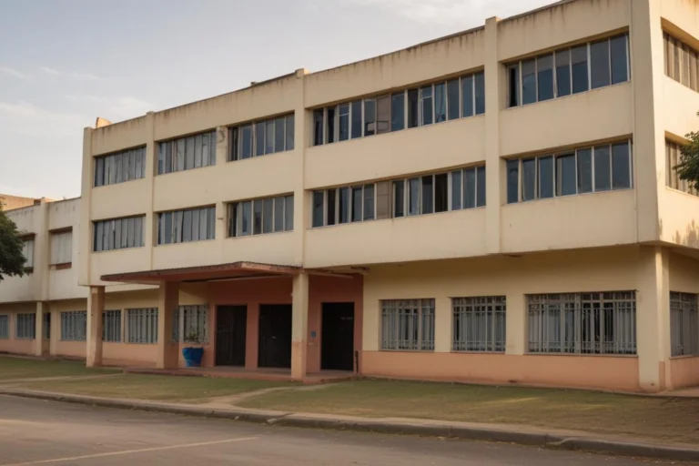 Fachada de prédio escolar de três andares com janelas de vidro, vista da calçada, em manhã de sol