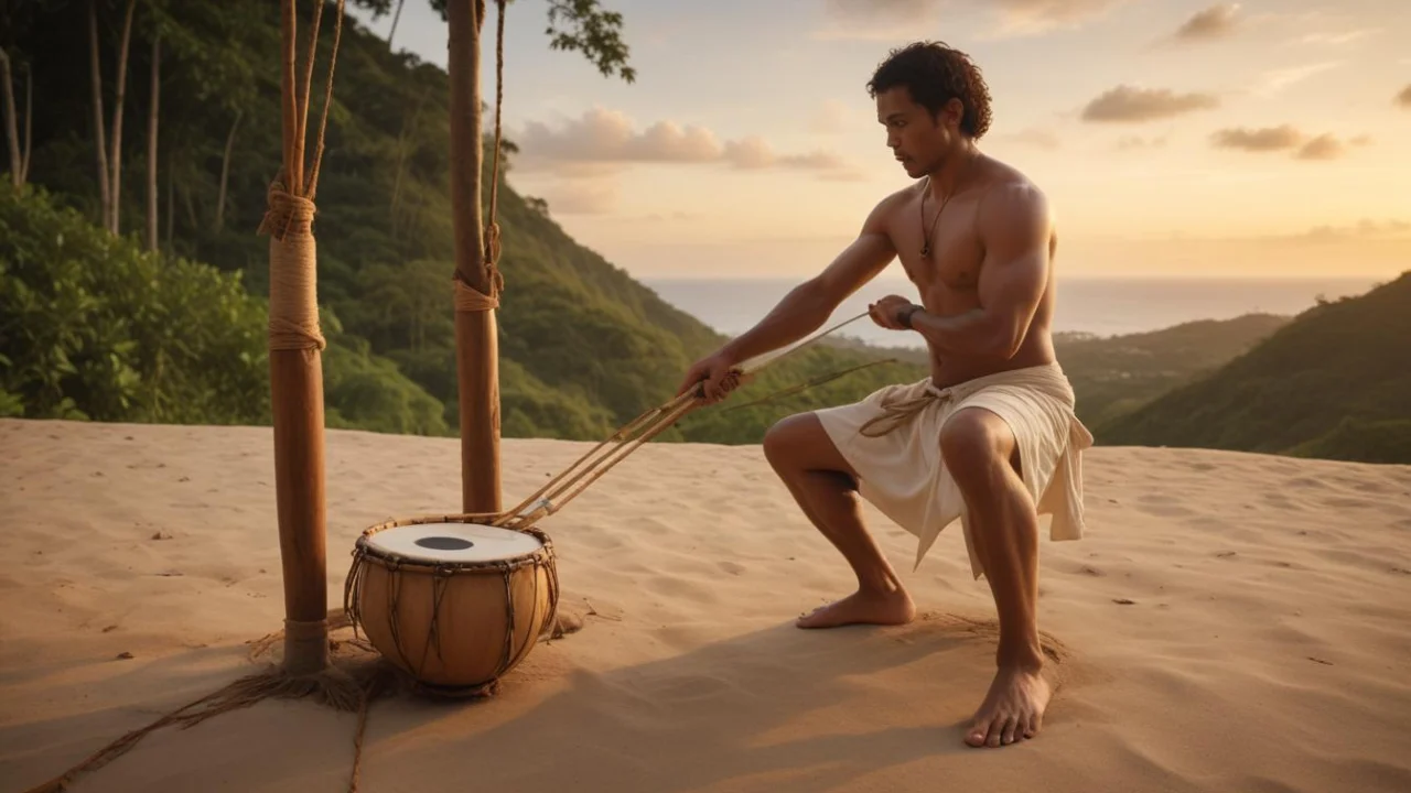 Berimbau, pandeiro e atabaque sobre piso de madeira em espaço cultural, sob luz suave da manhã.