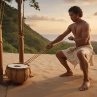 Berimbau, pandeiro e atabaque sobre piso de madeira em espaço cultural, sob luz suave da manhã.