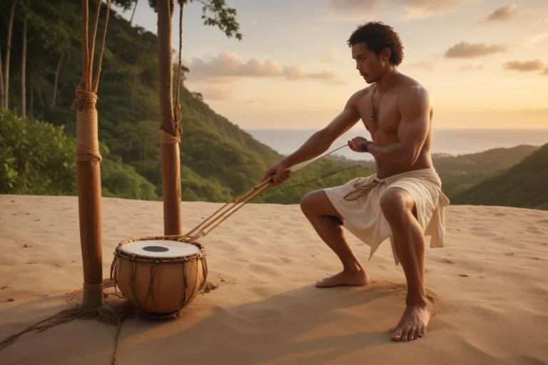 Berimbau, pandeiro e atabaque sobre piso de madeira em espaço cultural, sob luz suave da manhã.
