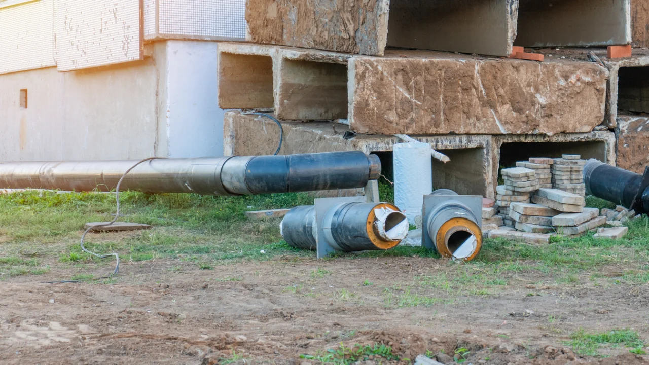Tubos de concreto e valas abertas em canteiro de obras, com área verde e prédio em construção ao fundo