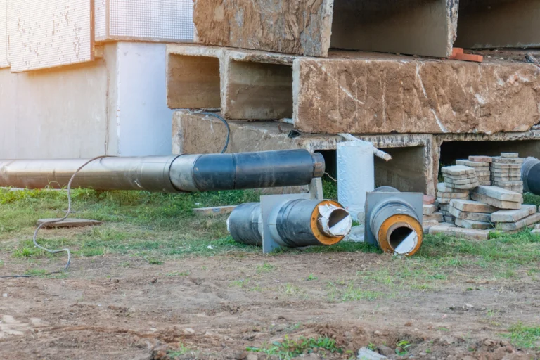 Tubos de concreto e valas abertas em canteiro de obras, com área verde e prédio em construção ao fundo