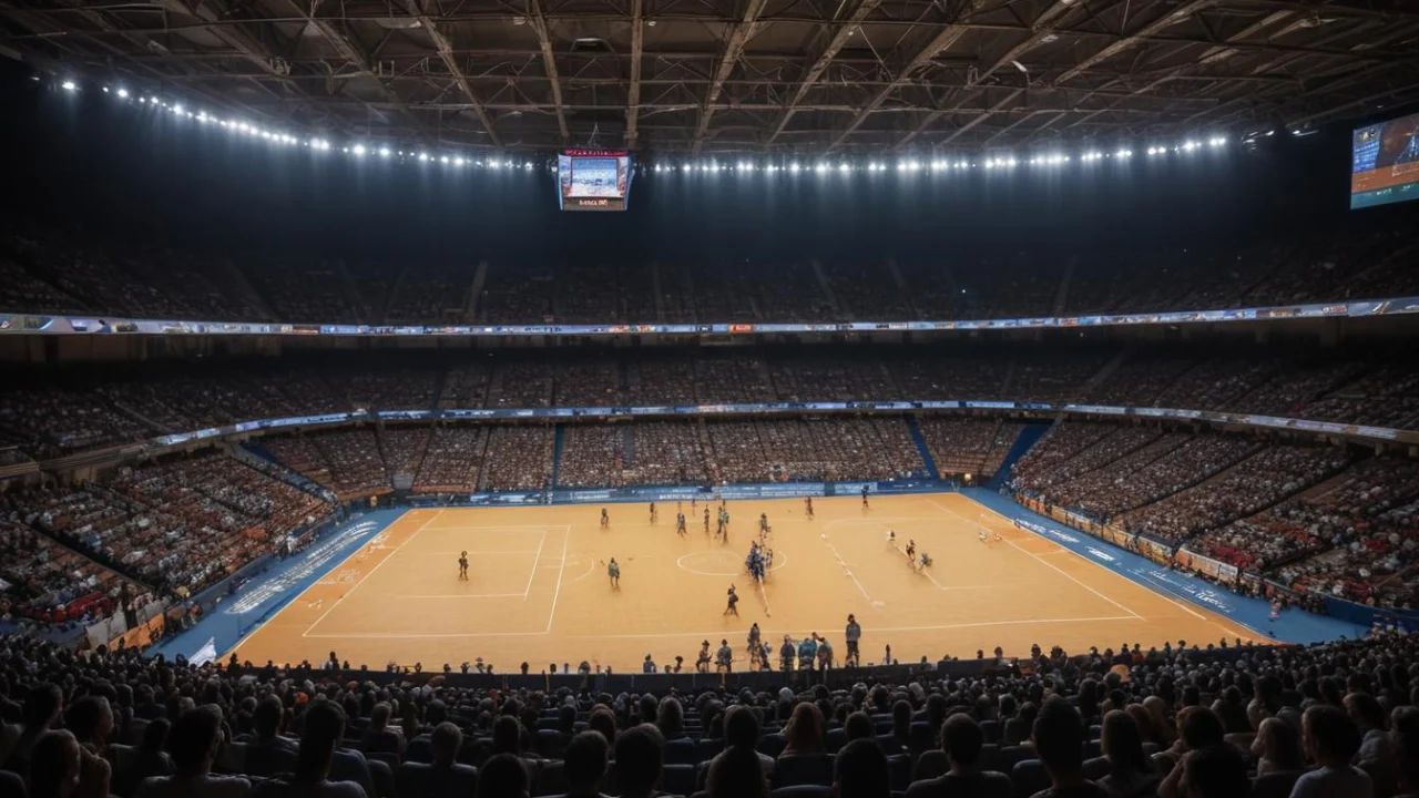 Ginásio de esportes em Campinas durante final de vôlei, quadra iluminada e bola sobre a rede