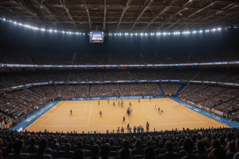 Ginásio de esportes em Campinas durante final de vôlei, quadra iluminada e bola sobre a rede