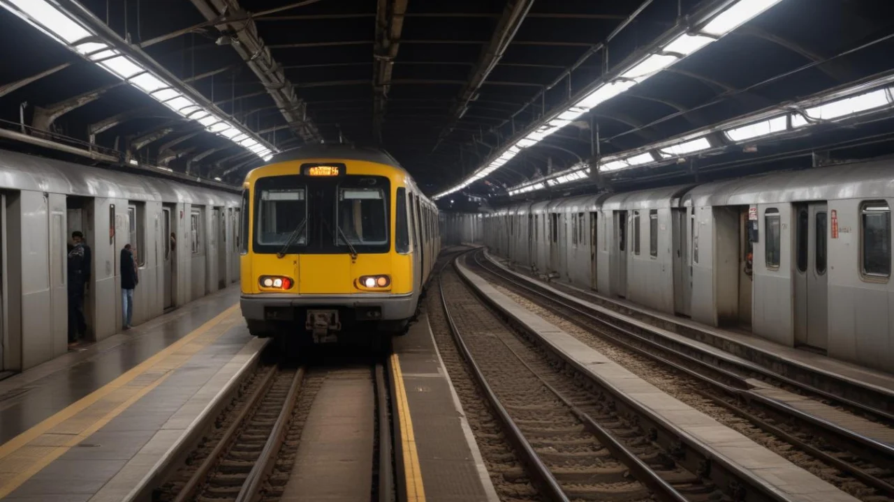 Plataforma de estação de metrô com trens parados e passageiros ao fundo