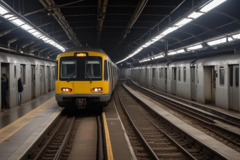 Plataforma de estação de metrô com trens parados e passageiros ao fundo