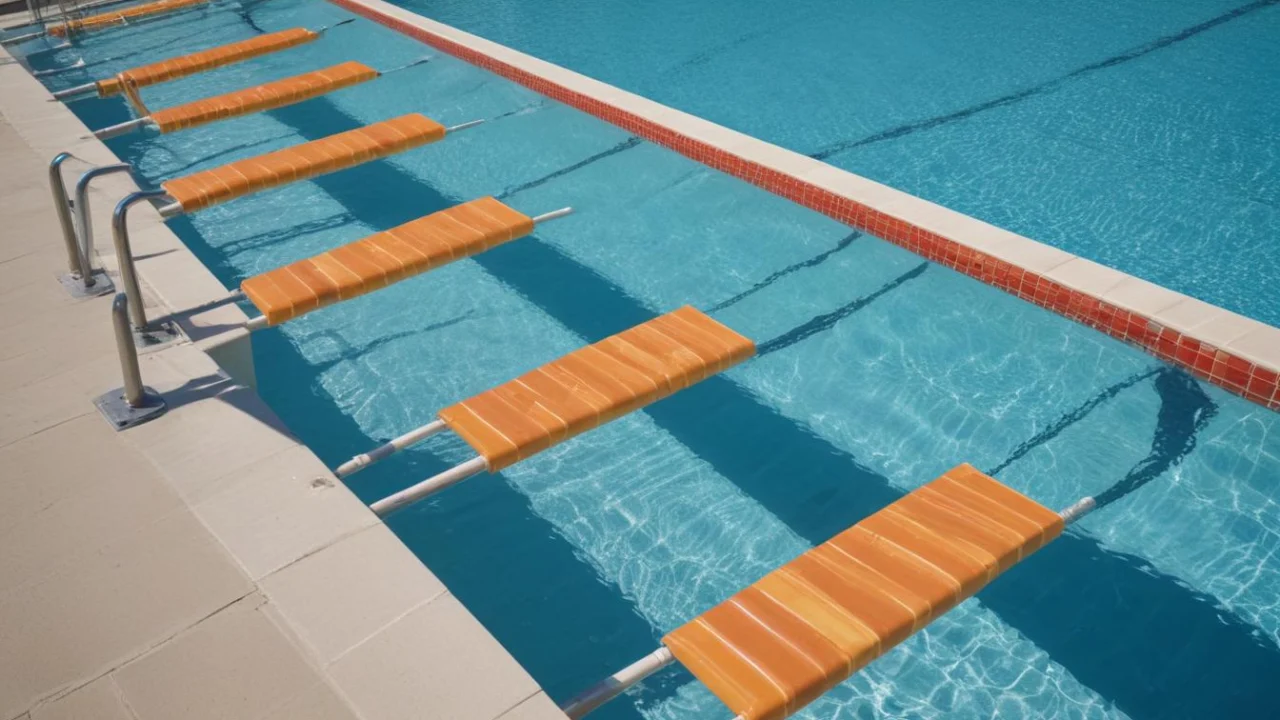 Piscina de competição com raias azuis e blocos de partida, arquibancada desocupada ao fundo