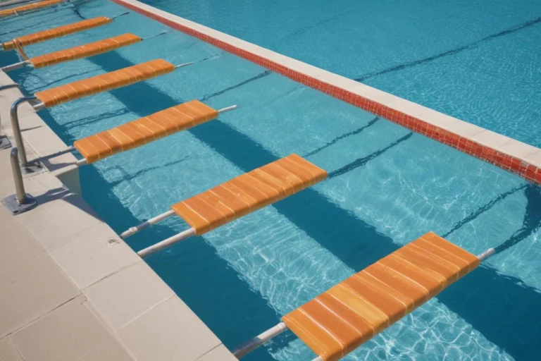 Piscina de competição com raias azuis e blocos de partida, arquibancada desocupada ao fundo