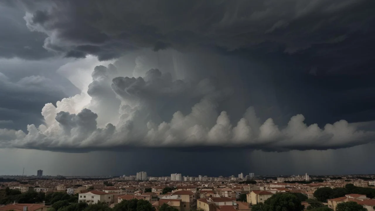 Nuvens carregadas de tempestade se formando sobre a área urbana de uma cidade do interior paulista no fim da tarde