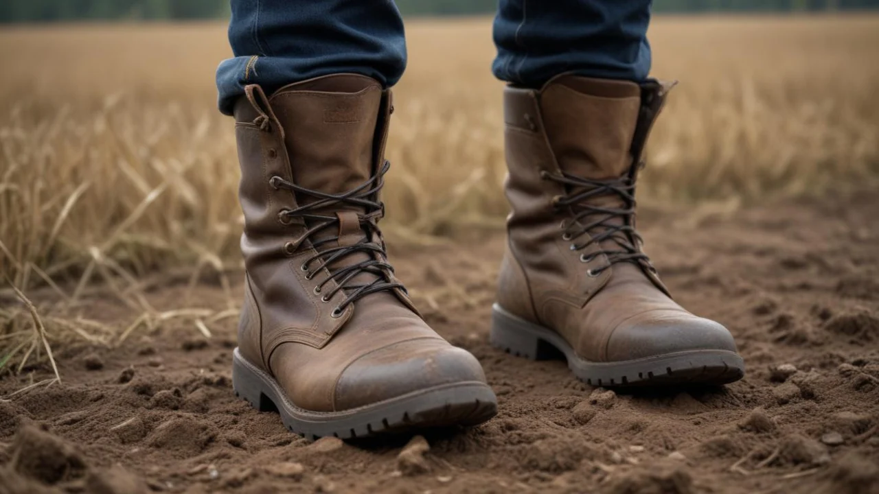 Botas de proteção em terreno de terra com vegetação seca ao fundo.