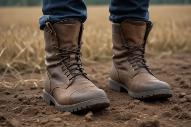 Botas de proteção em terreno de terra com vegetação seca ao fundo.