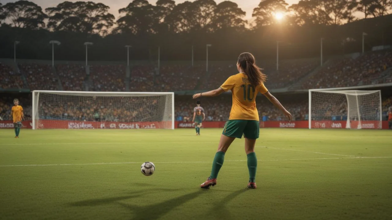 Campo de futebol no interior paulista em tarde ensolarada, com bola, gol ao fundo e arquibancadas desfocadas.