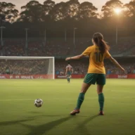 Campo de futebol no interior paulista em tarde ensolarada, com bola, gol ao fundo e arquibancadas desfocadas.