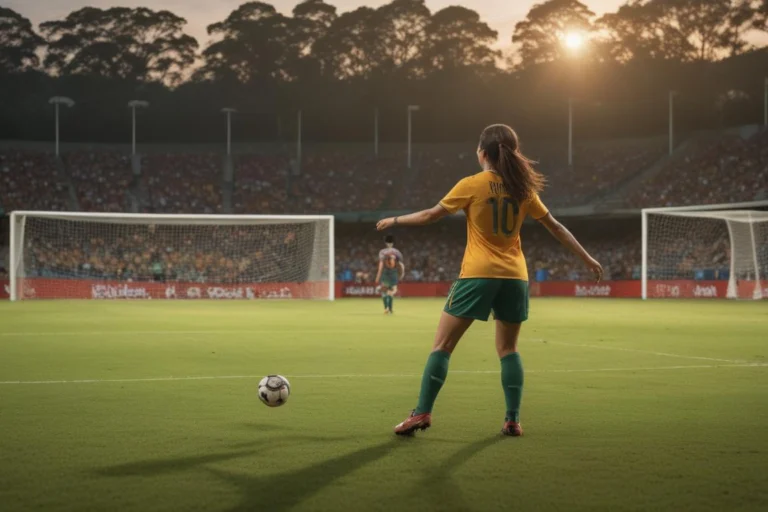 Campo de futebol no interior paulista em tarde ensolarada, com bola, gol ao fundo e arquibancadas desfocadas.
