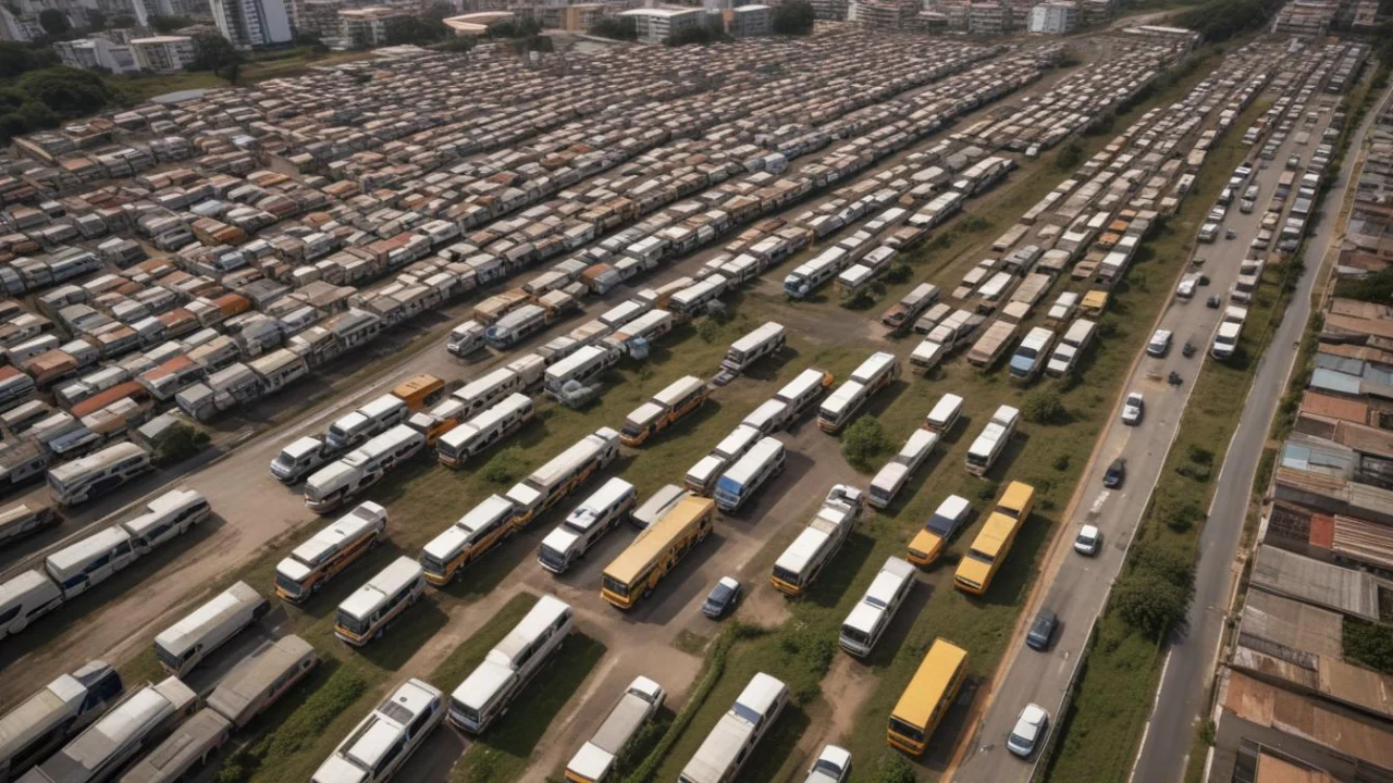 Pátio com fileiras de ônibus urbanos vistos de cima em uma garagem