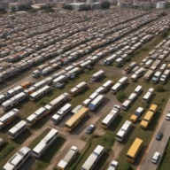 Pátio com fileiras de ônibus urbanos vistos de cima em uma garagem