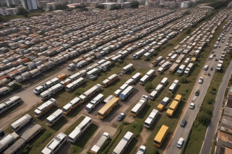 Pátio com fileiras de ônibus urbanos vistos de cima em uma garagem
