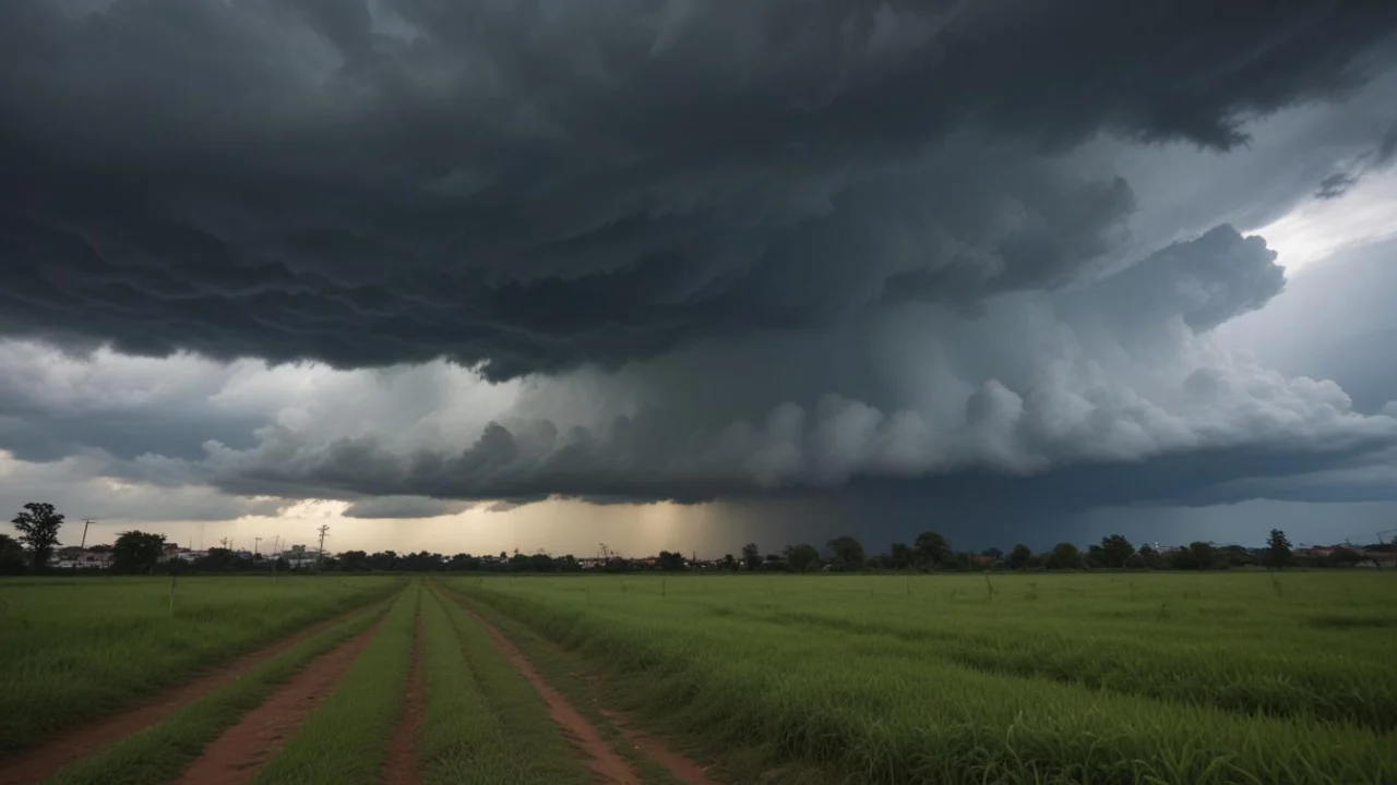 Nuvens escuras de tempestade sobre campo verde antes da chuva