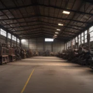 Galpão industrial amplo e vazio, com máquinas nas laterais e piso de concreto